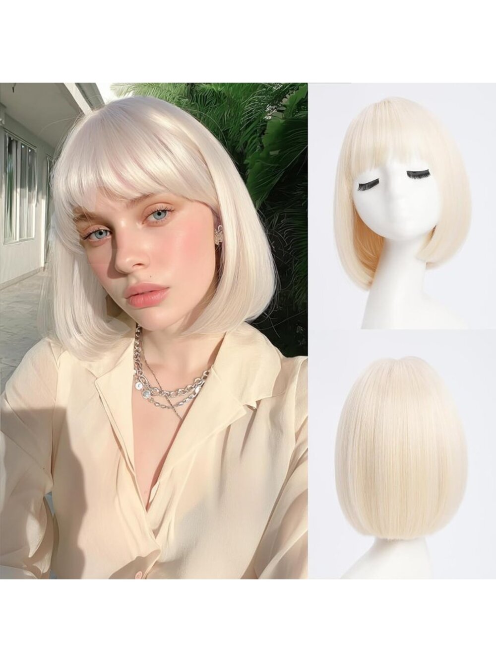 Women Blonde Heat Resistant Synthetic Straight Ombre Bob Wig Bangs 10 Inch
